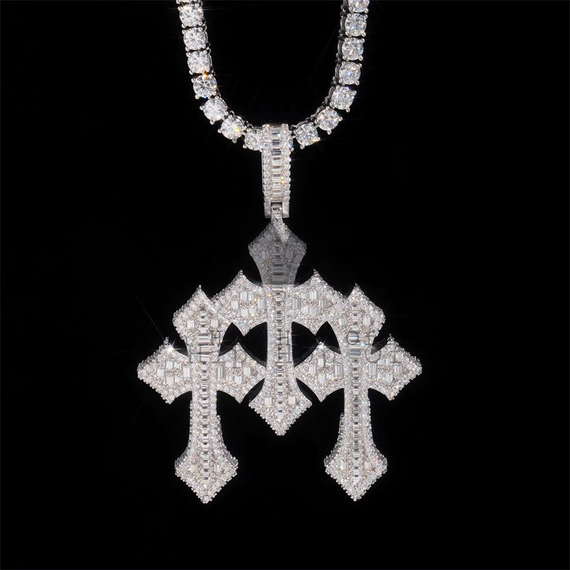 Iced Out Sterling Silver 925 Three Cross Pendant With Baguette VVS Moissanite Diamond