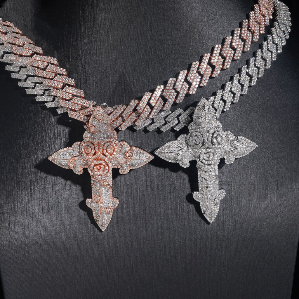 Hip Hop VVS Moissanite Diamond Flower Cross Pendant Match