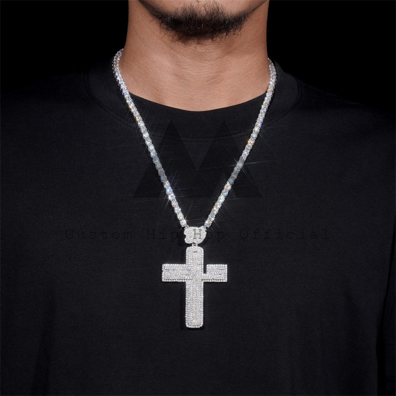 925 Sterling Silver Jesus Moissanite Cross Pendant Custom Made Match 4MM Tennis Chain