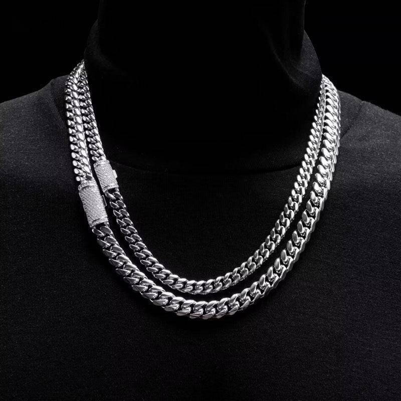 Hip hop jewelry featuring Pass Diamond Tester stainless steel Cuban chain with Moissanite clasp in sizes 8MM, 10MM, 12MM, 14MM0