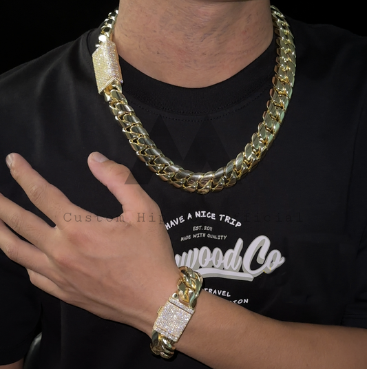 Conjunto de corrente cubana de prata 999 banhada a ouro 14K Iced Out Hip Hop 20MM com trava de moissanite