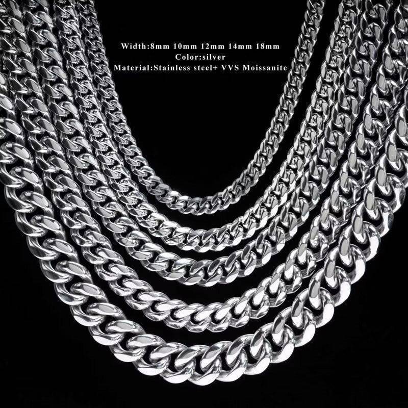 Hip hop jewelry featuring Pass Diamond Tester stainless steel Cuban chain with Moissanite clasp in sizes 8MM, 10MM, 12MM, 14MM5