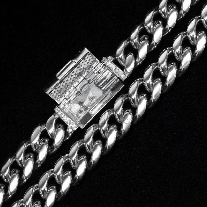 Hip hop jewelry featuring Pass Diamond Tester stainless steel Cuban chain with Moissanite clasp in sizes 8MM, 10MM, 12MM, 14MM2