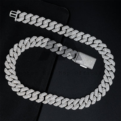 Hip Hop Iced Out 15mm 18mm 20mm Three Stone Design Miami Thick Cuban Chain Silver With Moissanite