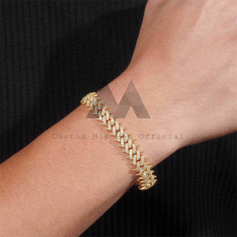 Solid Silver Iced Out 10MM Width Spike Cuban Link Bracelet Moissanite Diamond