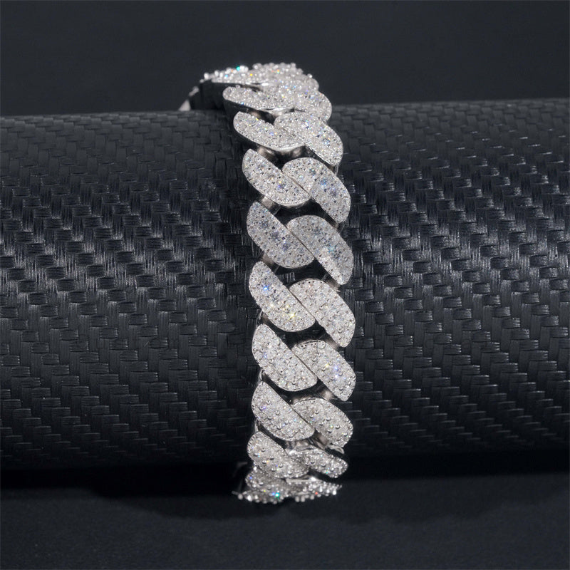 15MM Three Rows Iced Out Solid Silver Miami Cuban Link Bracelet For Men