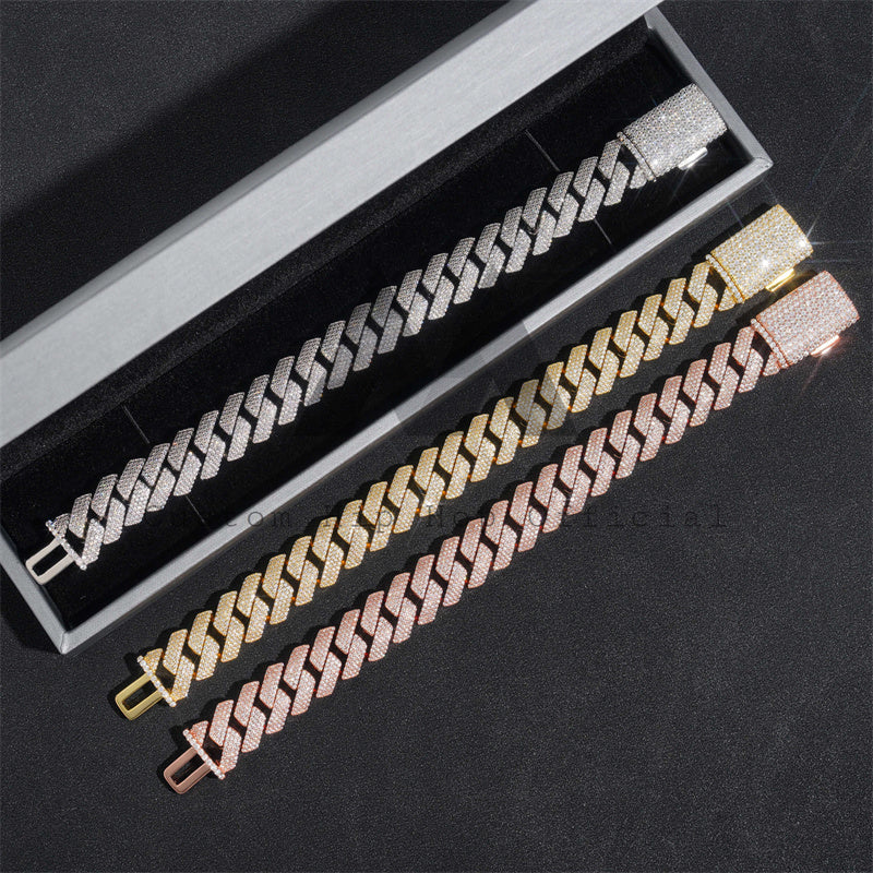 Solid Silver Men Bracelet 14MM Width Moissanite Cuban Link Bracelet Three Rows