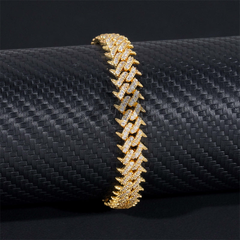 Solid Silver Iced Out 10MM Width Spike Cuban Link Bracelet Moissanite Diamond