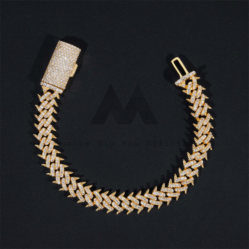 Solid Silver Iced Out 10MM Width Spike Cuban Link Bracelet Moissanite Diamond