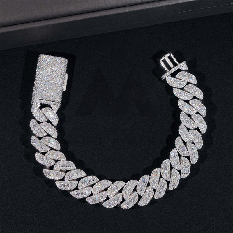 15MM Three Rows Iced Out Solid Silver Miami Cuban Link Bracelet For Men