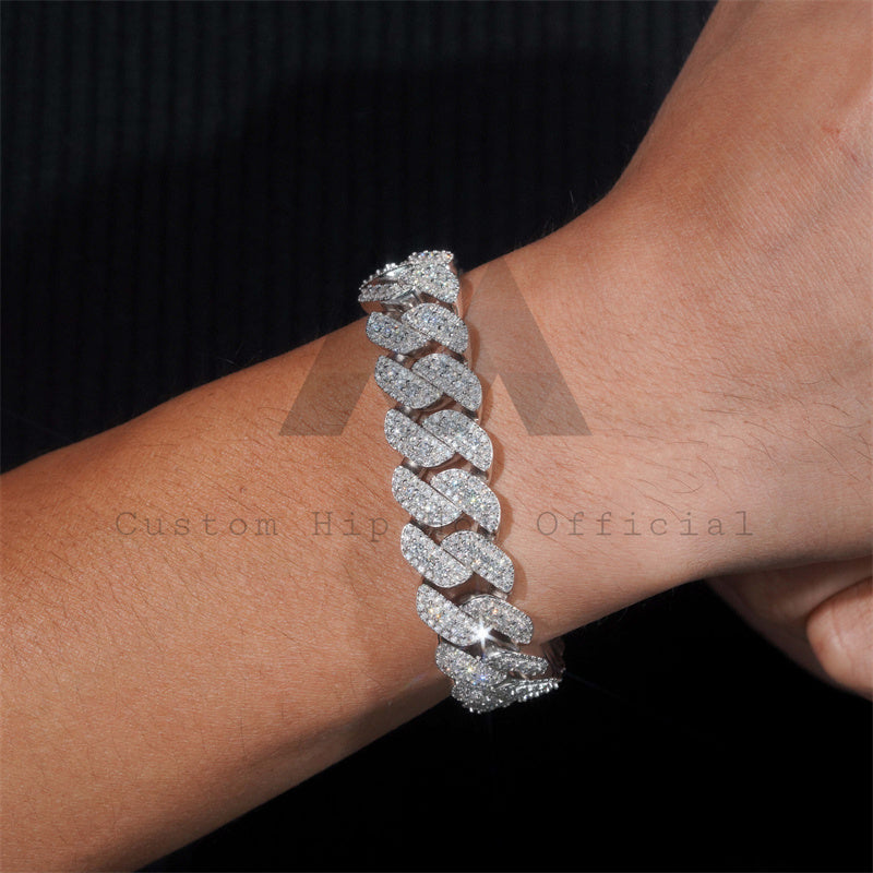 15MM Three Rows Iced Out Solid Silver Miami Cuban Link Bracelet For Men