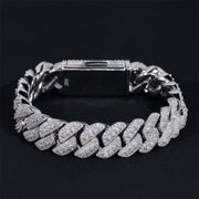 15MM Three Rows Iced Out Solid Silver Miami Cuban Link Bracelet For Men