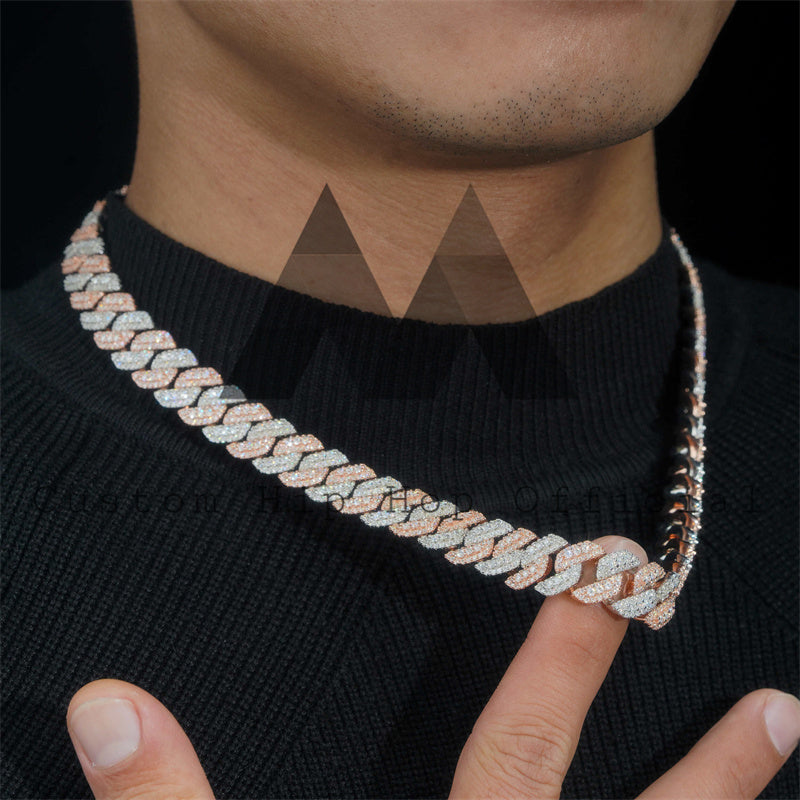 Three Rows Link Hip Hop 13MM Iced Out Moissanite Cuban Link Chain Rose Gold Two Tone Plating