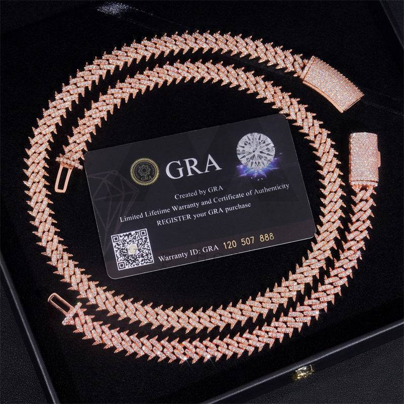 Hip hop jewelry 925 Silver 10MM Rose Gold Plated Moissanite Spike Cuban Link Chain