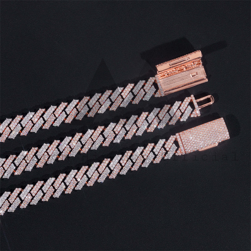 Rose Gold Tow Tone Tow Rows 12MM Iced Out 925 Sterling Silver VVS Moissanite Diamond Cuban Link Chain