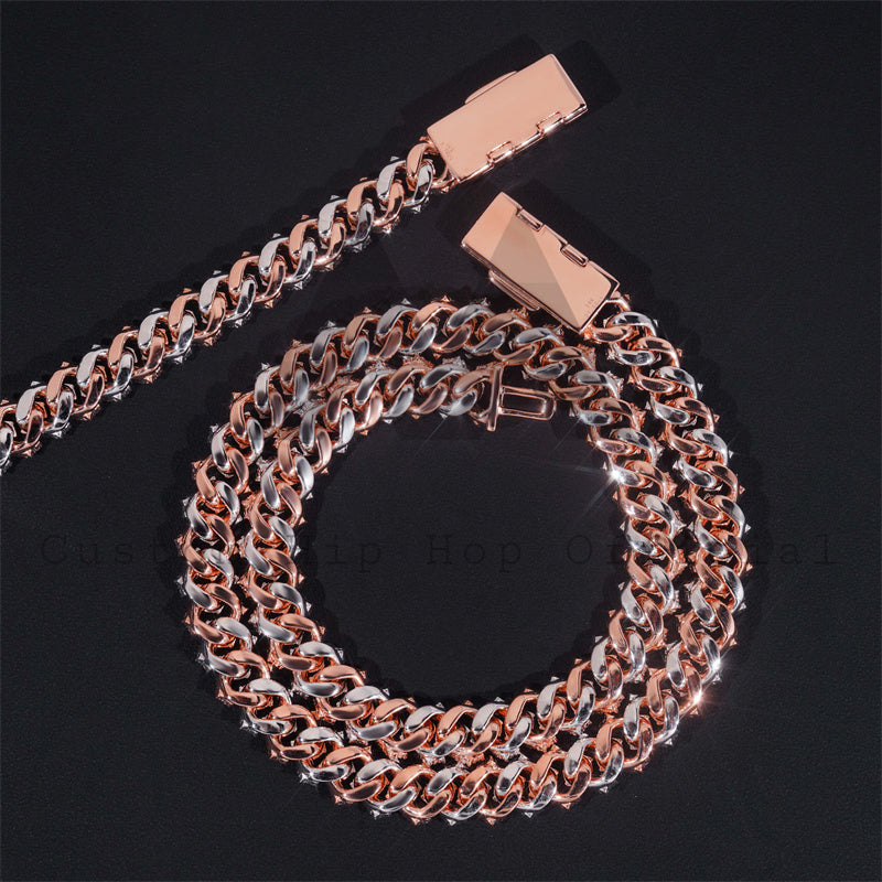 Rose Gold Tow Tone Tow Rows 12MM Iced Out 925 Sterling Silver VVS Moissanite Diamond Cuban Link Chain