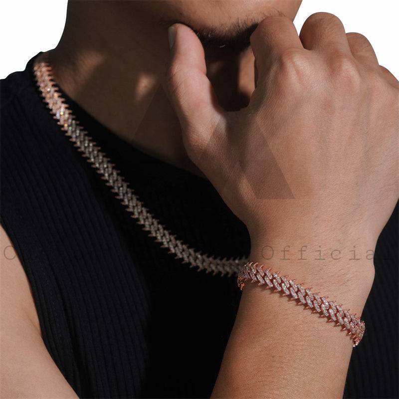 925 Silver 10MM Rose Gold Plated Moissanite Spike Cuban Link Chain