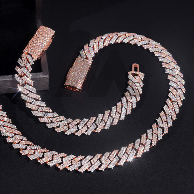 Rose Gold Tow Tone Tow Rows 12MM Iced Out 925 Sterling Silver VVS Moissanite Diamond Cuban Link Chain