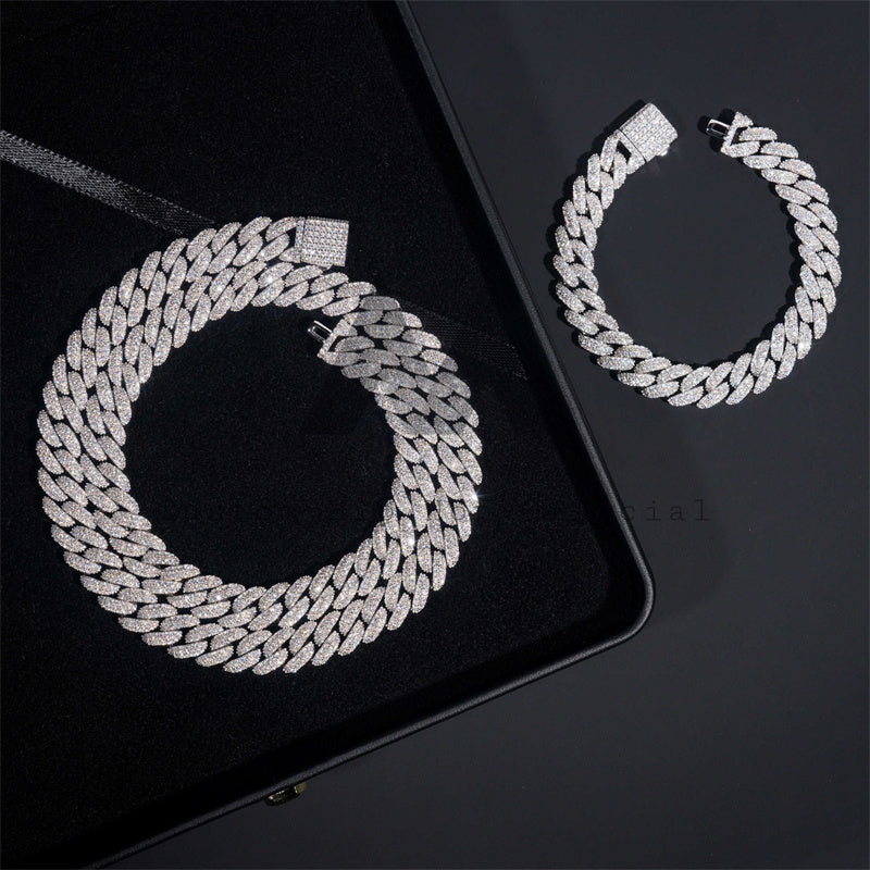 10MM Moissanite Diamond Round Edge Link Cuban Chain Necklace Bracelet Set Iced Out Hip Hop Jewelry0