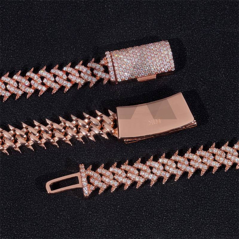 925 Silver 10MM Rose Gold Plated Moissanite Spike Cuban Link Chain