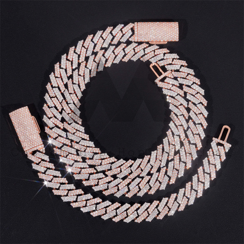 Rose Gold Tow Tone Tow Rows 12MM Iced Out 925 Sterling Silver VVS Moissanite Diamond Cuban Link Chain