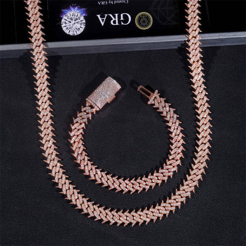 925 Silver 10MM Rose Gold Plated Moissanite Spike Cuban Link Chain