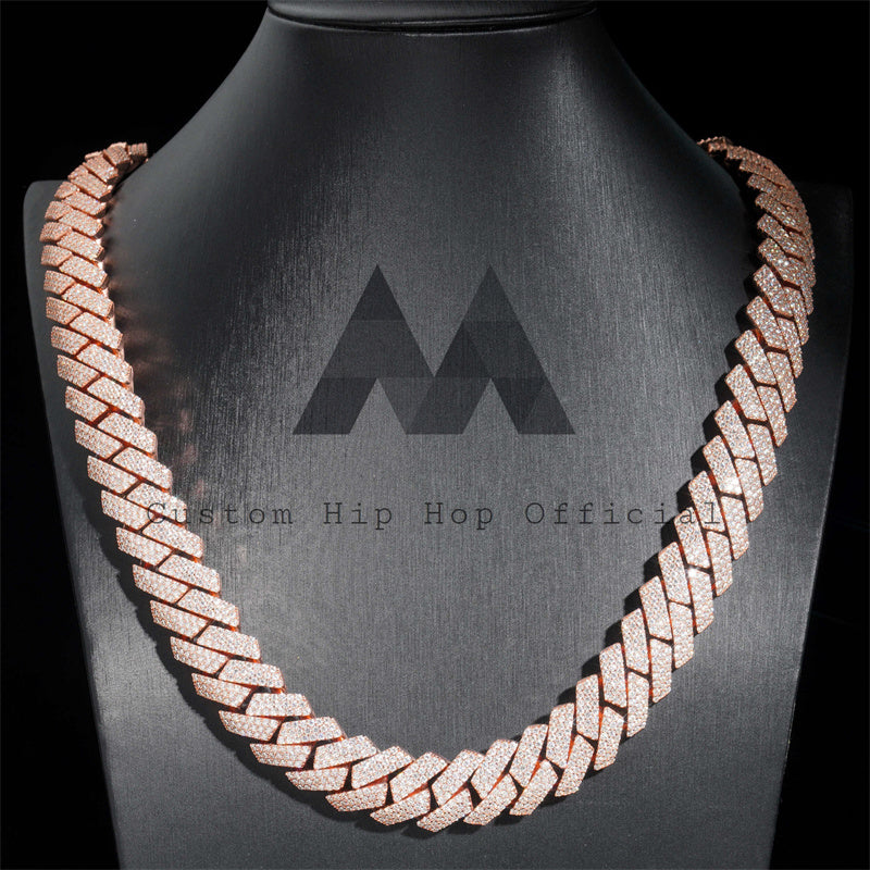 Hip hop jewelry Curve Clasp 18MM Solid Silver Rose Gold Plated Moissanite Cuban Link Chain Necklace0