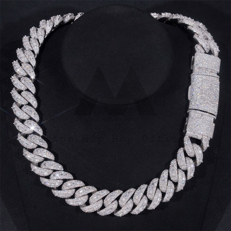 Custom Made Clasp 22MM VVS Moissanite Link Baguette Cut Mosaic Clasp Setting Cuban Link Chain Necklace 925 Silver White Gold