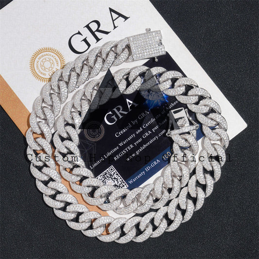 Solid Silver 925 15MM Moissanite Cuban Necklace For Men Hip Hop Iced Out Gra Pass Diamond Tester