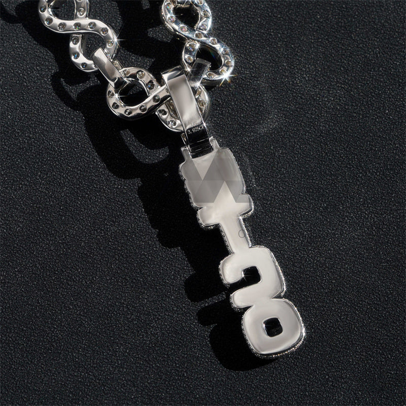 925 Sterling Silver Iced Out 13MM Infinity Link Chain VVS Moissanite Diamond Vertical Name Pendant