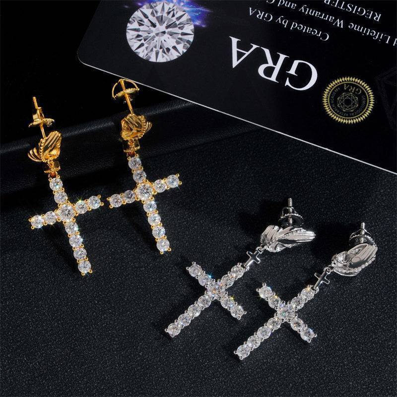 Gra Certificated 925 Silver Men Iced Out Moissanite Cross Earrings Praying Hands