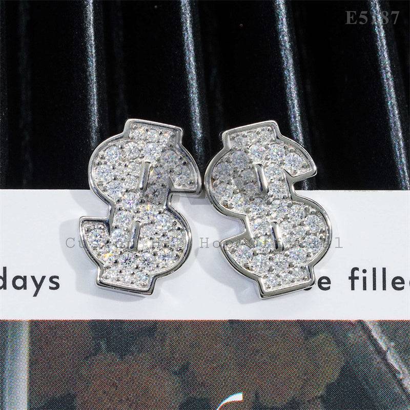 Iced Out 925 Sterling Silver VVS Moissanite Dollar Sign Earrings for Men Hip Hop Jewelry1