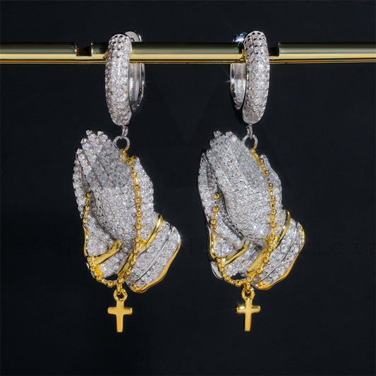 Hip Hop Silver 925 Praying Hands Iced Out Moissanite Diamond Hoop Earrings White Gold Mix Yellow Gold