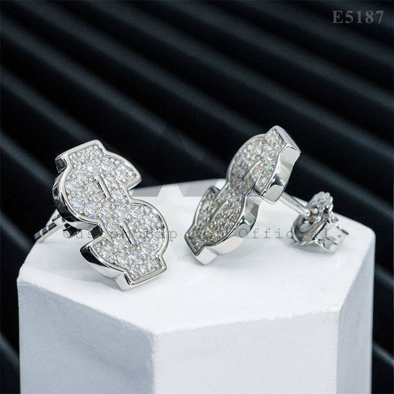 Iced Out 925 Sterling Silver VVS Moissanite Dollar Sign Earrings for Men Hip Hop Jewelry2