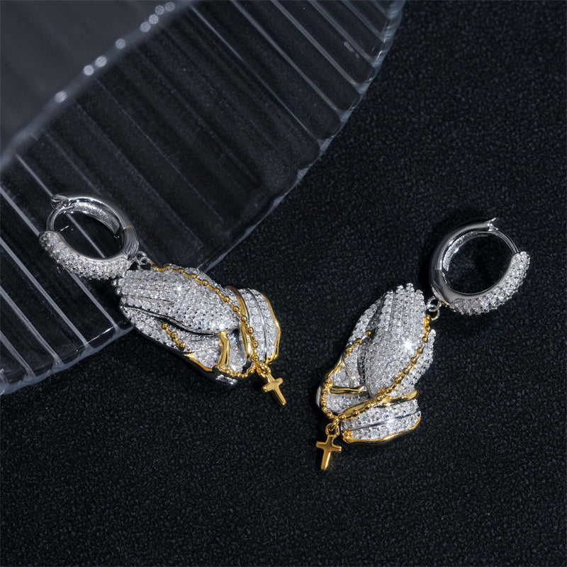Hip Hop Silver 925 Praying Hands Iced Out Moissanite Diamond Hoop Earrings White Gold Mix Yellow Gold