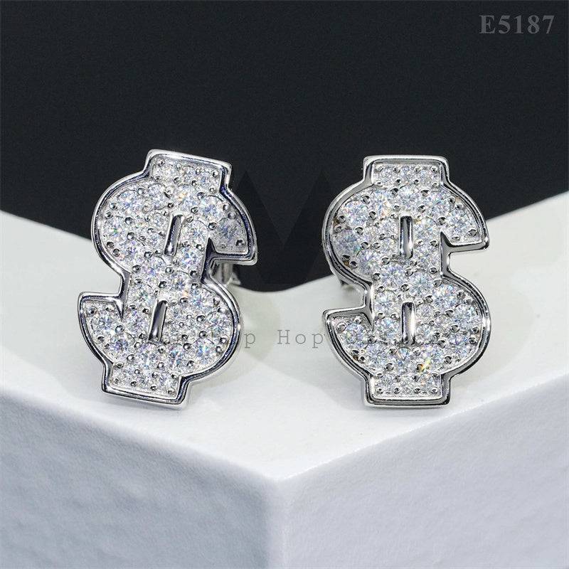 Iced Out 925 Sterling Silver VVS Moissanite Dollar Sign Earrings for Men Hip Hop Jewelry0