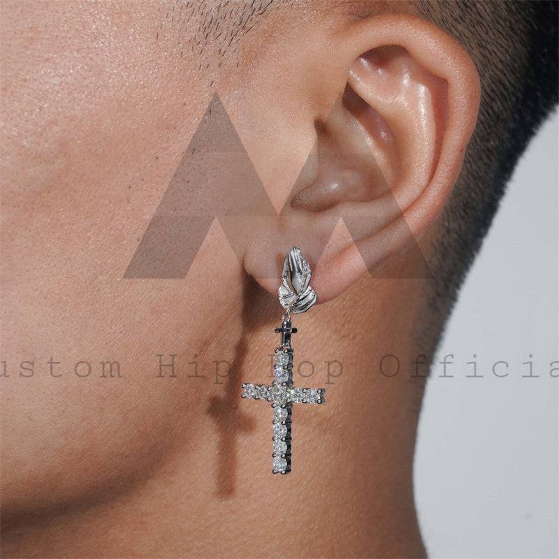 Gra Certificated 925 Silver Men Iced Out Moissanite Cross Earrings Praying Hands