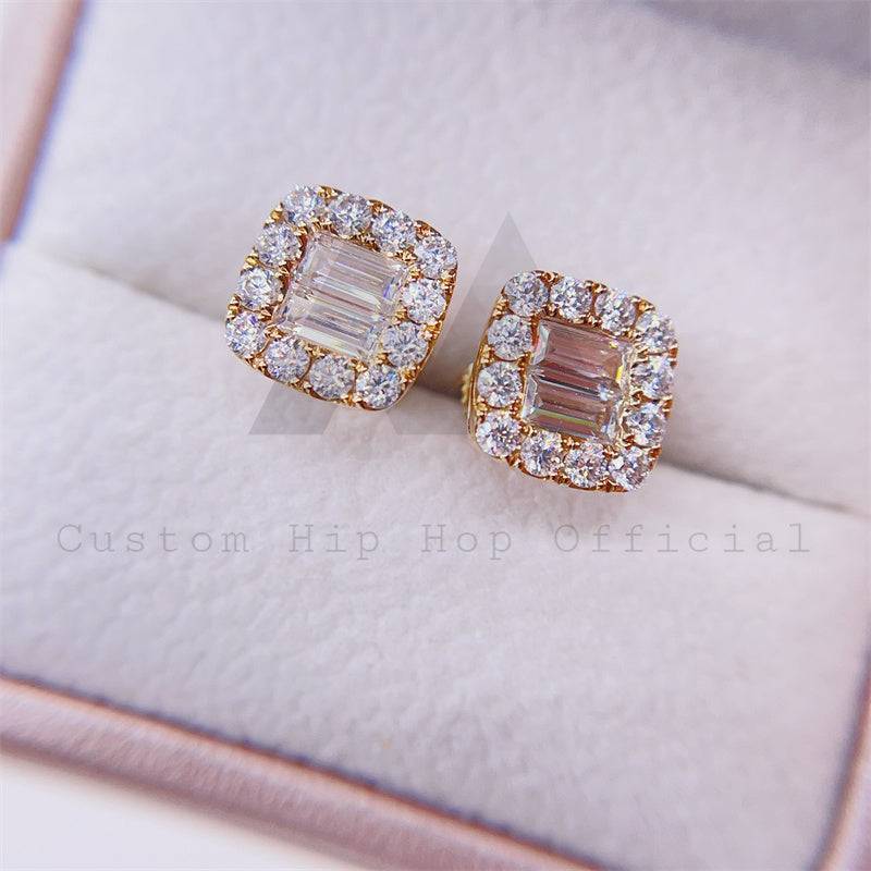 Stylish Pass Diamond Tester Baguette Moissanite Diamond Studs 10K Gold Screw Back