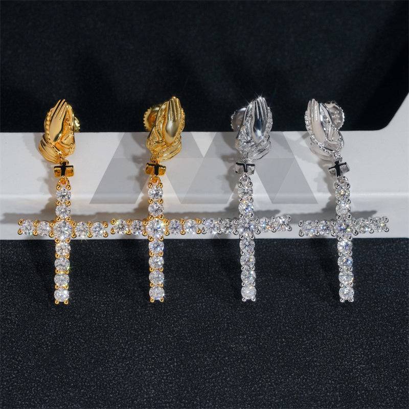 Gra Certificated 925 Silver Men Iced Out Moissanite Cross Earrings Praying Hands