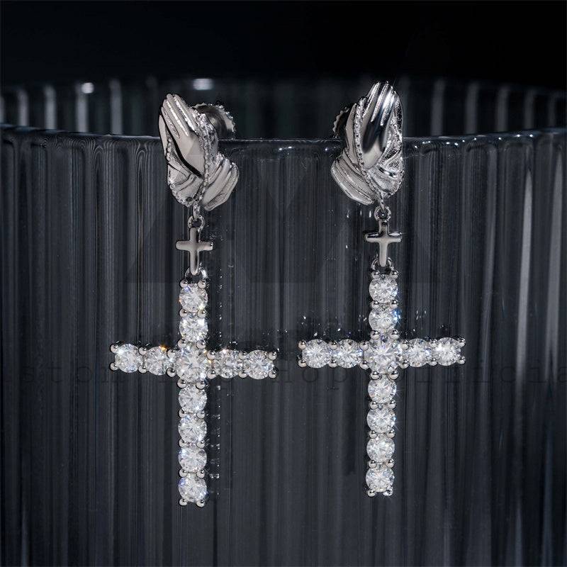 Gra Certificated 925 Silver Men Iced Out Moissanite Cross Earrings Praying Hands