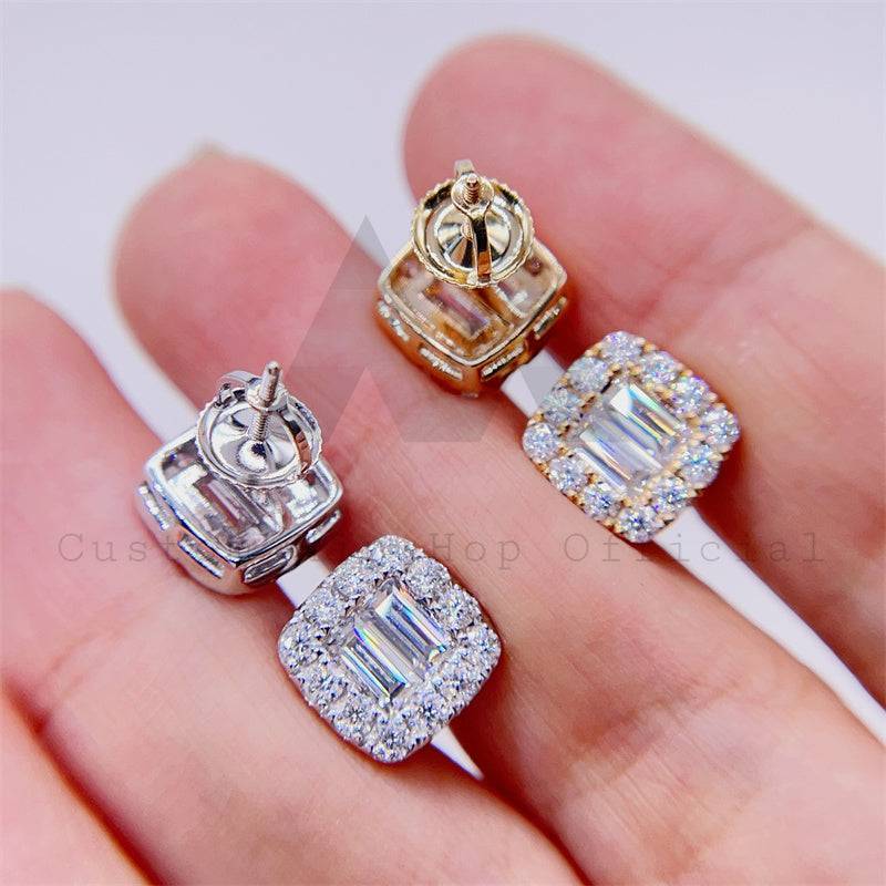 Stylish Pass Diamond Tester Baguette Moissanite Diamond Studs 10K Gold Screw Back