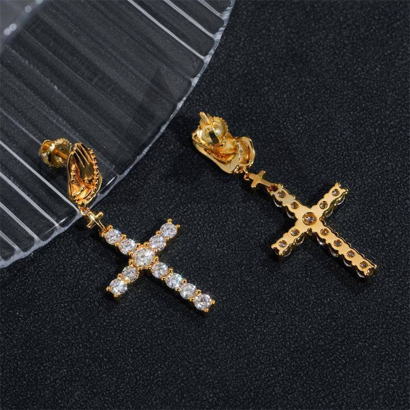 Gra Certificated 925 Silver Men Iced Out Moissanite Cross Earrings Praying Hands