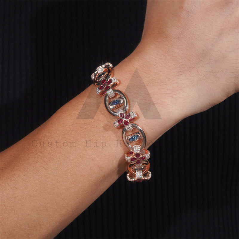 18MM Width Rose Gold Plated VVS Moissanite Diamond Evil Eye Bracelet With Color Gemstone