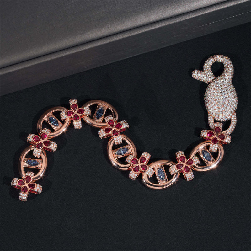 18MM Width Rose Gold Plated VVS Moissanite Diamond Evil Eye Bracelet With Color Gemstone