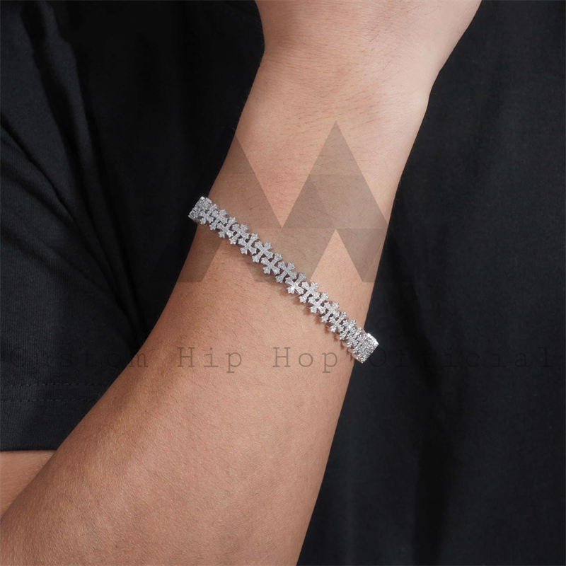 Solid Silver Men 8MM Fully Iced VVS Moissanite HIp Hop Bracelet Chrome Heart Style