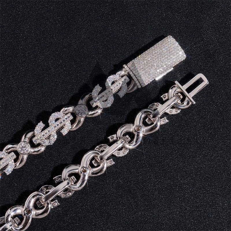 Iced Out Sterling Silver 13MM Dollar Sign Infinity Link Chain Moissanite Hip Hop Jewelry3