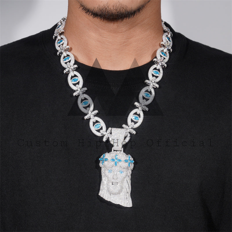 Fully Iced Out 925 Sterling Silver Men Jewelry Aquamarine Blue Moissanite Jesus With Evil Eye Chain Set