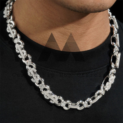 Iced Out Sterling Silver 13MM Dollar Sign Infinity Link Chain Moissanite Hip Hop Jewelry