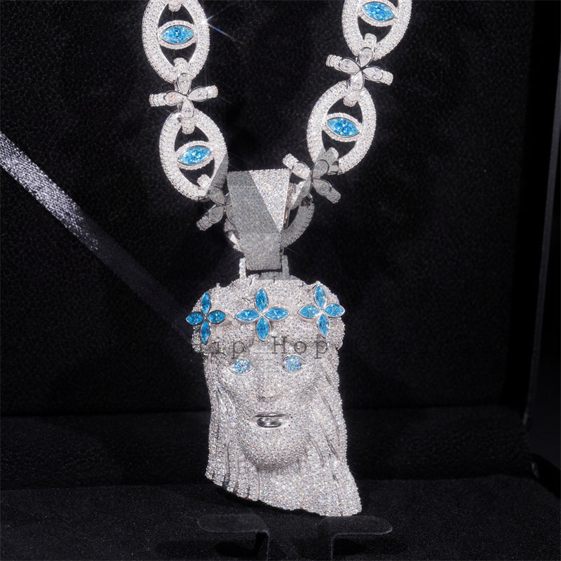 Fully Iced Out 925 Sterling Silver Men Jewelry Aquamarine Blue Moissanite Jesus With Evil Eye Chain Set