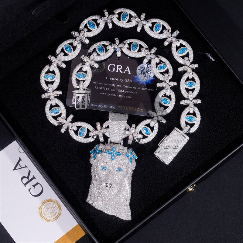 Fully Iced Out 925 Sterling Silver Men Jewelry Aquamarine Blue Moissanite Jesus With Evil Eye Chain Set